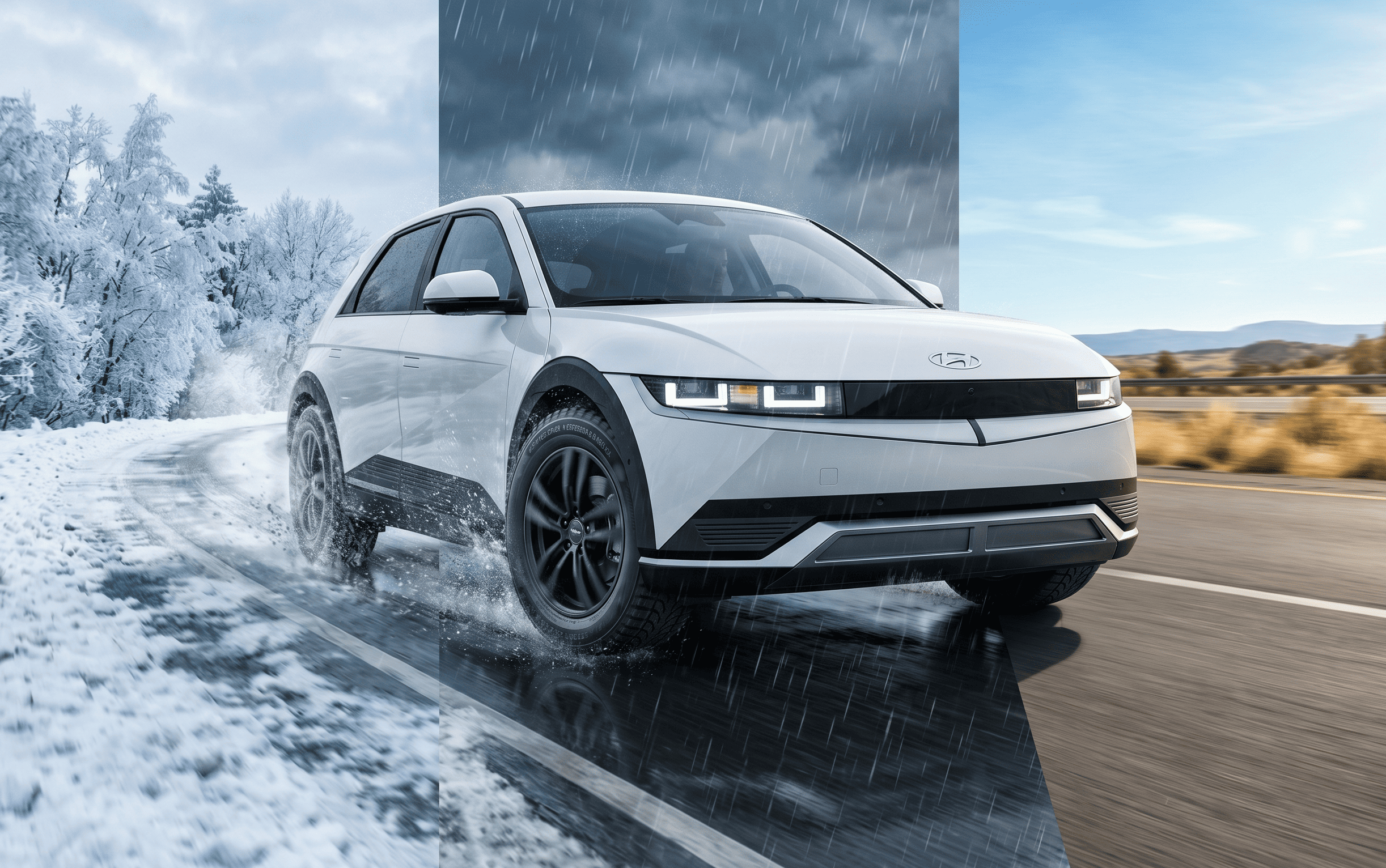 Hyundai Ioniq 5 mit Ganzjahresreifen auf dreigeteilter Fahrbahn aus Schnee, Regen und trockener Straße – AutoBild EV-Ganzjahresreifen-Test 2026