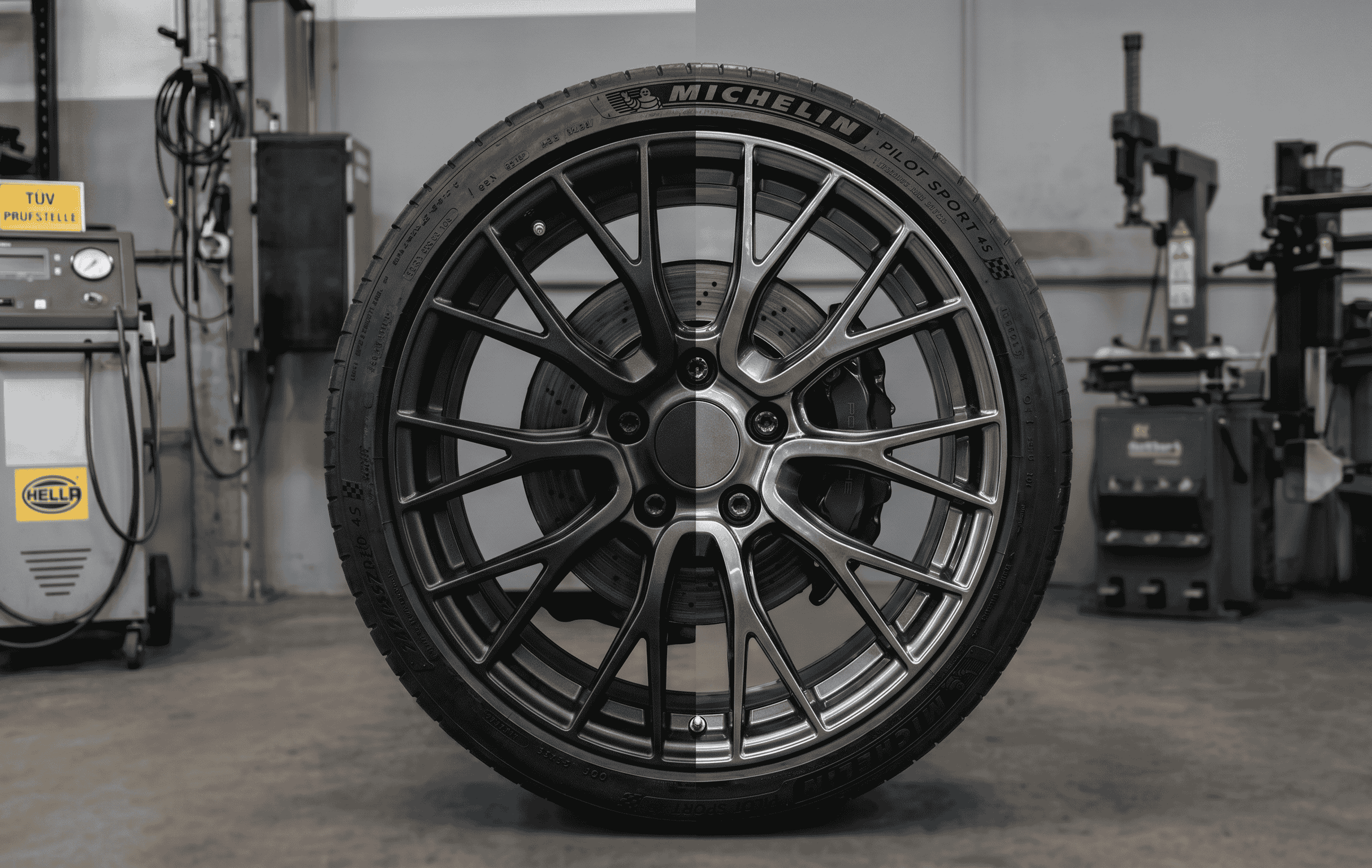 Nahaufnahme einer modernen Alufelge an einem Sportwagen, eine Hälfte der Felge frisch poliert und in glänzendem Anthrazit-Metallic lackiert, die andere Hälfte zeigt den matten schwarzen Originalzustand