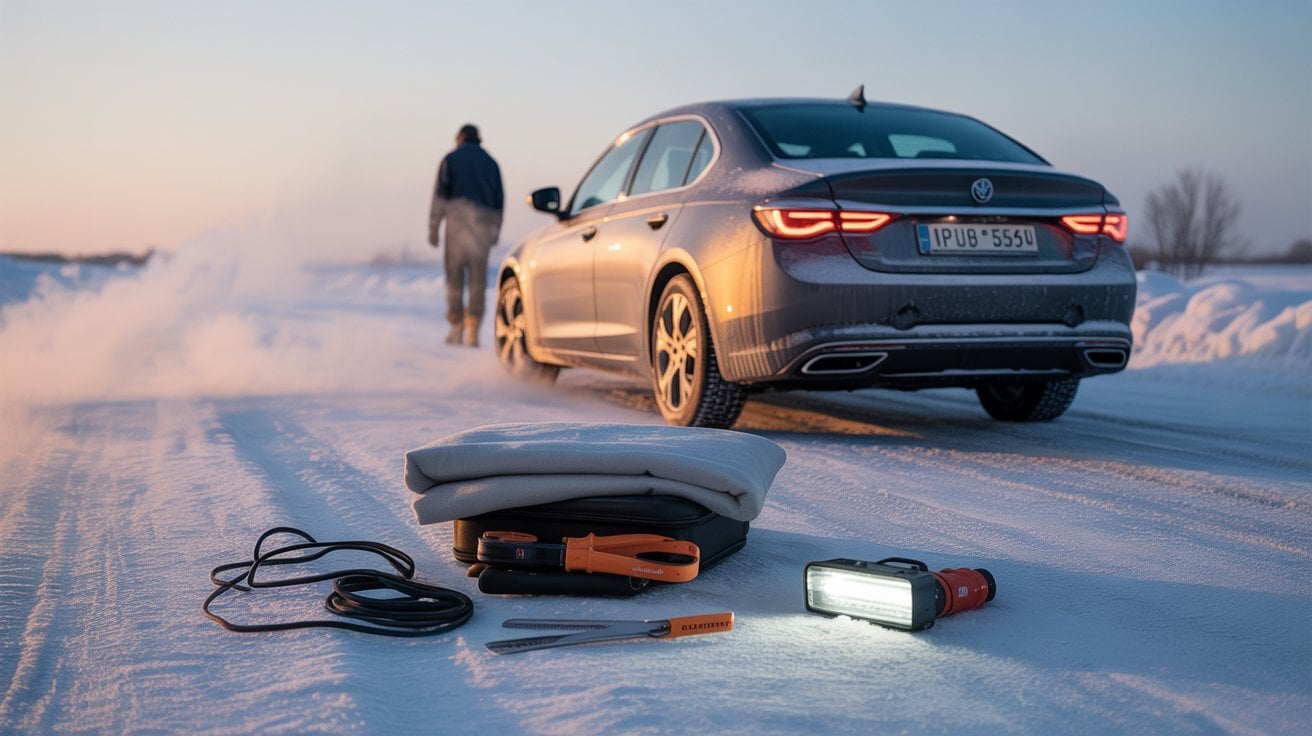 Winterstraße bei starkem Frost, ein modernes Auto steht am Straßenrand mit eingeschaltetem Warnblinker.