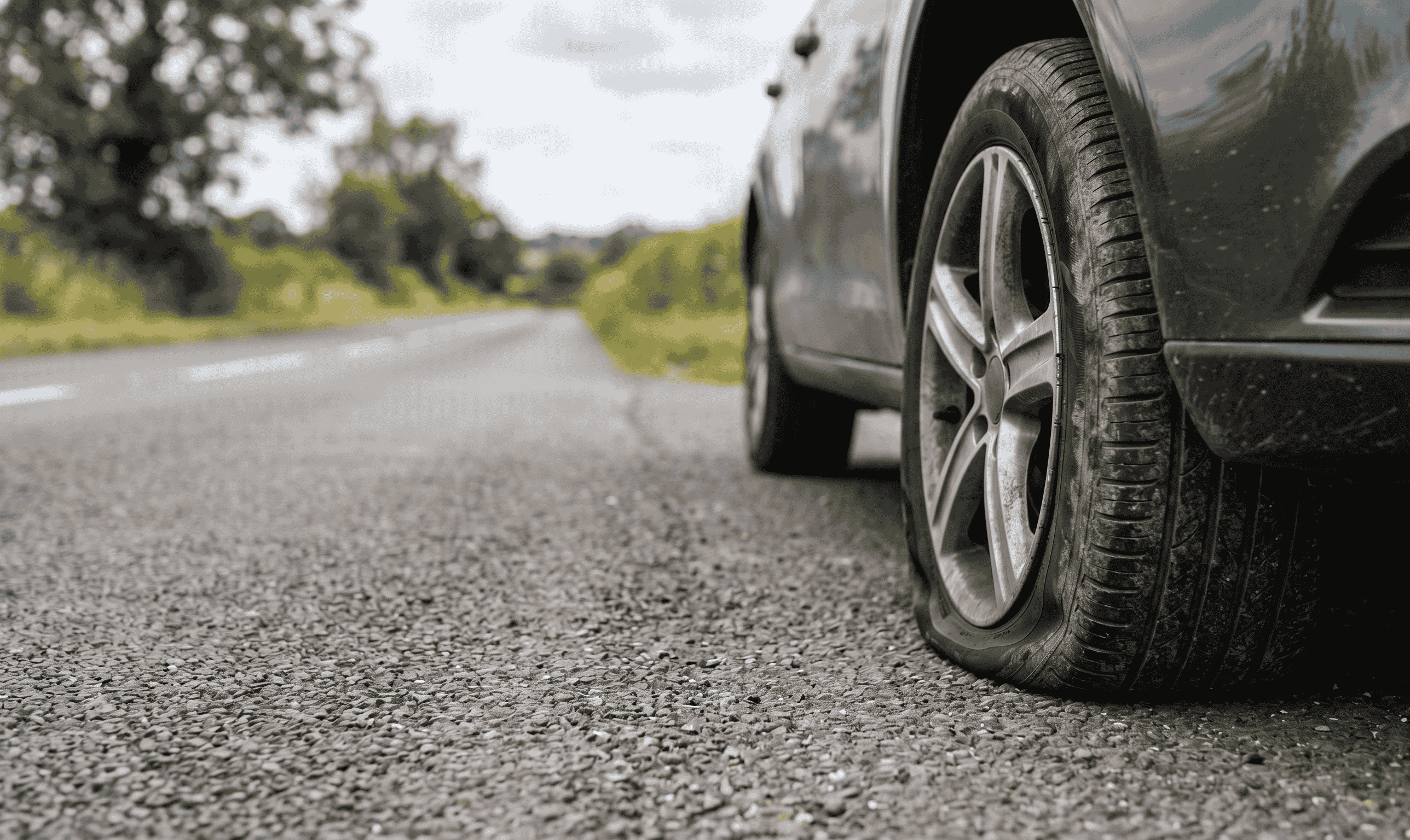 Nahaufnahme eines platten Vorderreifens an einem modernen Mittelklasse-Auto am Straßenrand. Der Reifen ist sichtbar zusammengedrückt, die Flanke wölbt sich leicht auf dem Asphalt.