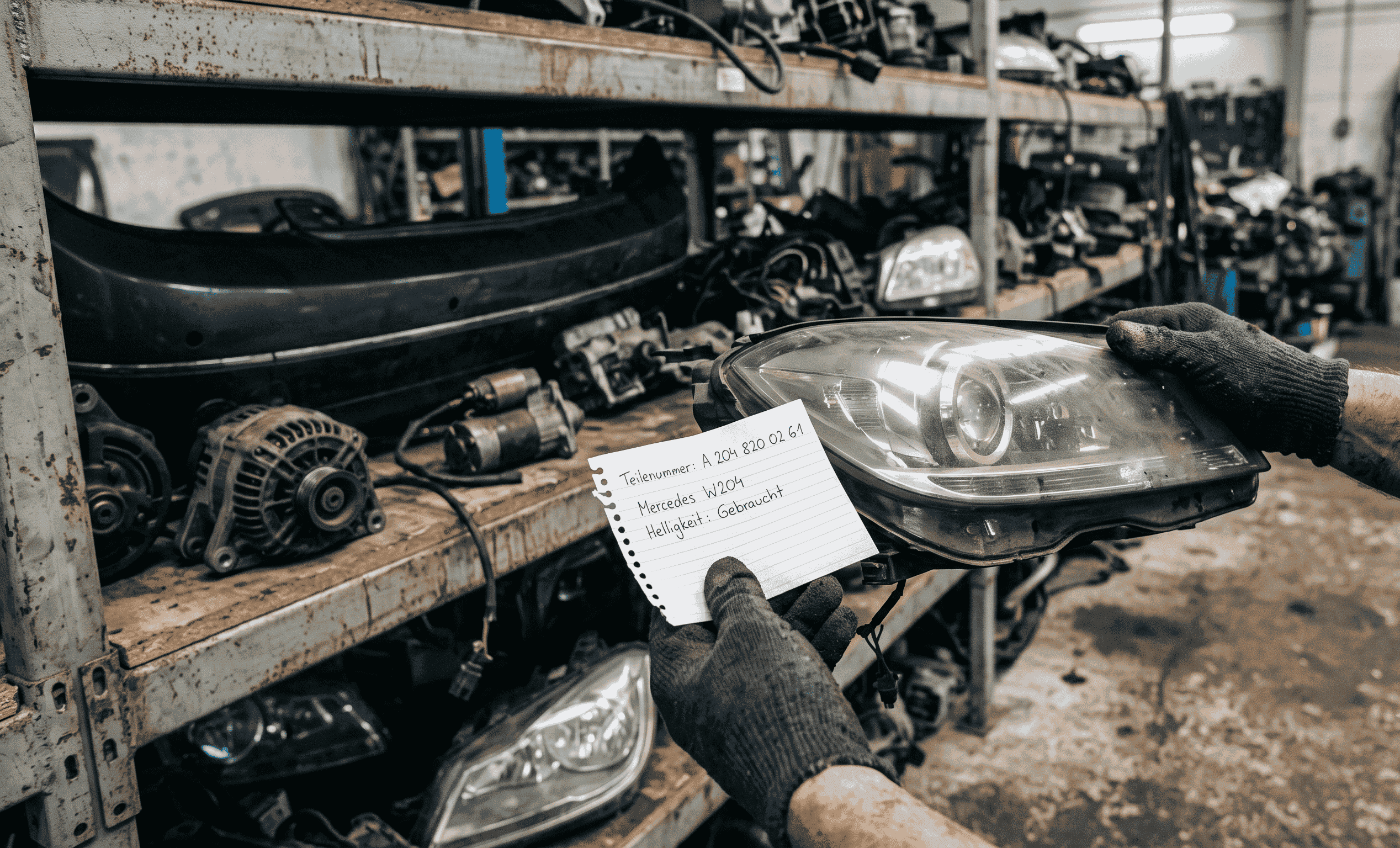 Zwei Hände in dunkelblauen Arbeitshandschuhen halten einen gebrauchten Autoscheinwerfer und vergleichen ihn mit einem Blatt Papier, auf dem eine Teilenummer notiert ist