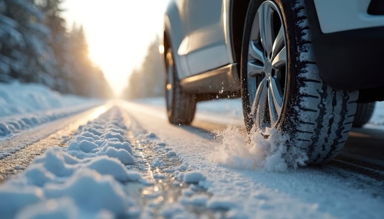 Winterreifen fährt auf schneebedeckter Straße im Gegenlicht – ADAC Winterreifentest 2026
