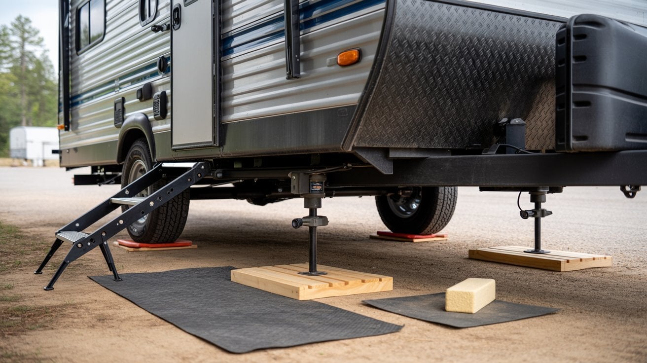 Wohnwagen aufgebockt und Reifen auf Gummimatten zur Vermeidung von Standplatten bei langer Standzeit