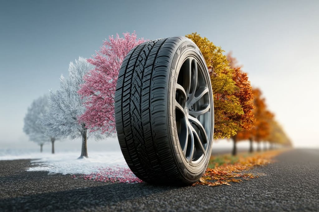 Ganzjahresreifen auf Landstraße, symbolisch für vier Jahreszeiten – Winter, Frühling, Sommer und Herbst – im Rahmen des AutoBild Ganzjahresreifentests 2025, Dimension 215/50 R18.