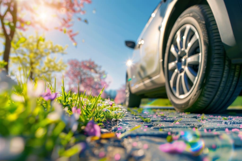 Silbernes Auto mit Sommerreifen fährt im Frühling bei sonnigem Wetter über Blütenblätter – AvD-Sommerreifen-Test 2026 Premiumprofile Pirelli Cinturato C3 Continental UltraContact NXT