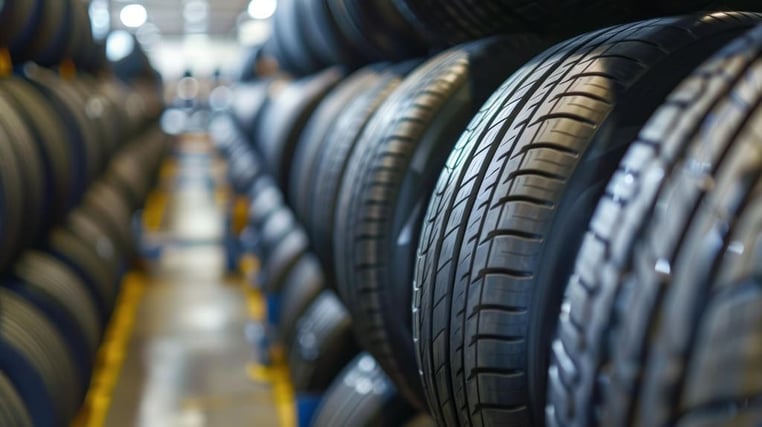 Ganzjahresreifen im Reifenlager – Regale mit Reifen der Dimension 195/55 R16