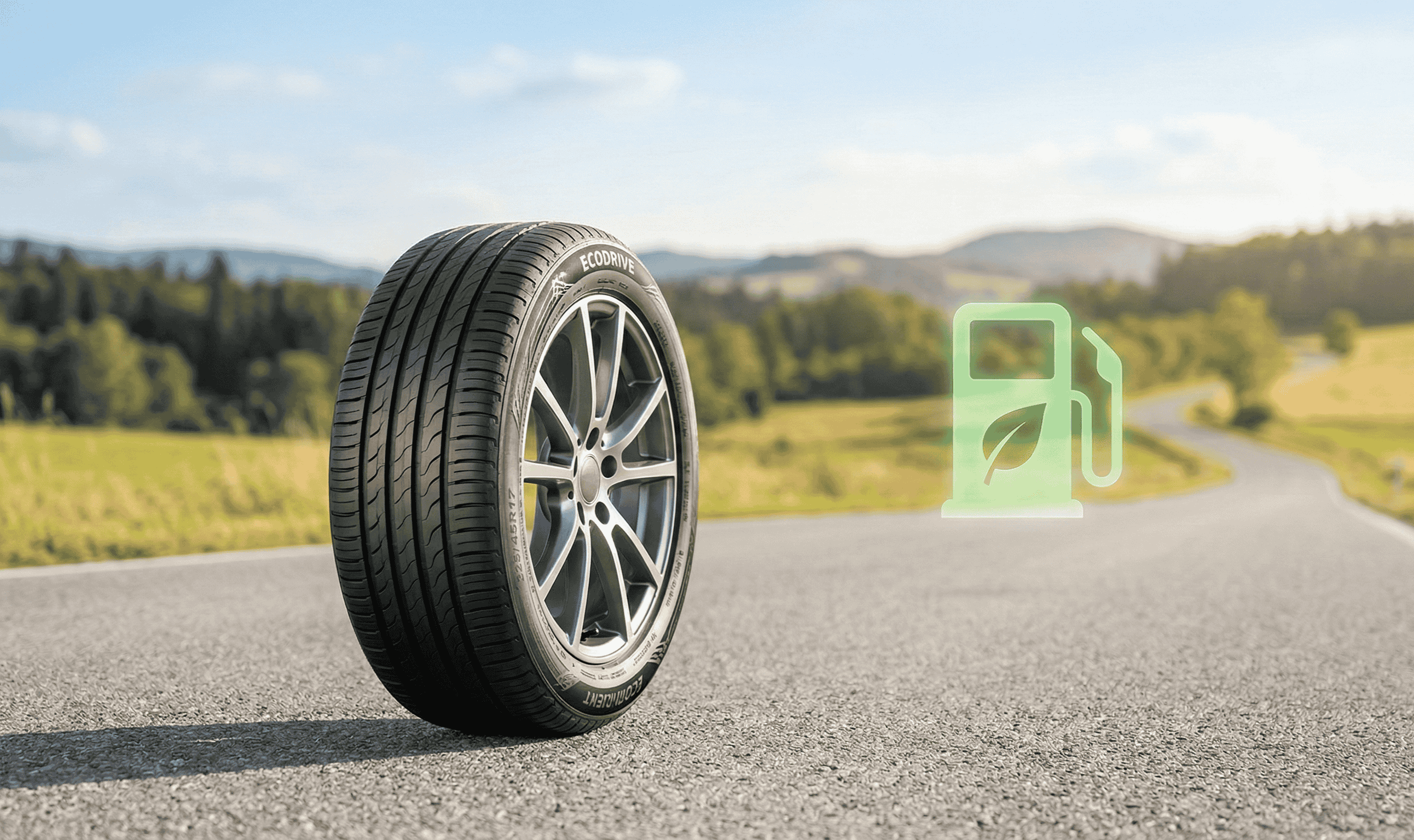 Ein moderner Autoreifen auf einer sonnigen Asphaltstraße mit einem schwebenden grünen Zapfsäulen-Icon, das für Kraftstoffersparnis steht.