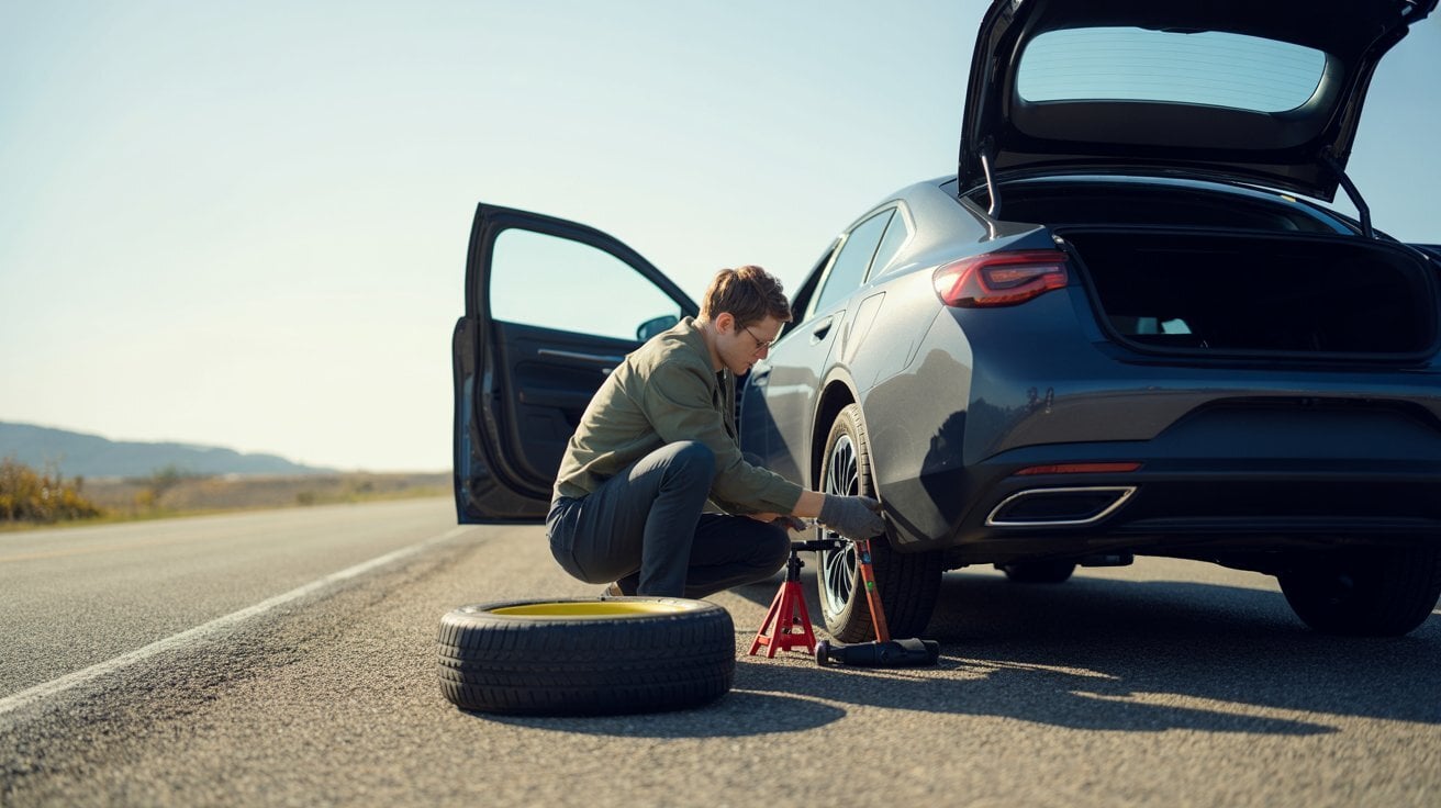 Ein modernes Auto steht mit geöffnetem Kofferraum, daneben liegt ein schmales Notrad (T-Notrad) mit gelber Felge und ein vollwertiges Ersatzrad im Vergleich. Eine Person wechselt gerade den Reifen mit Wagenheber.