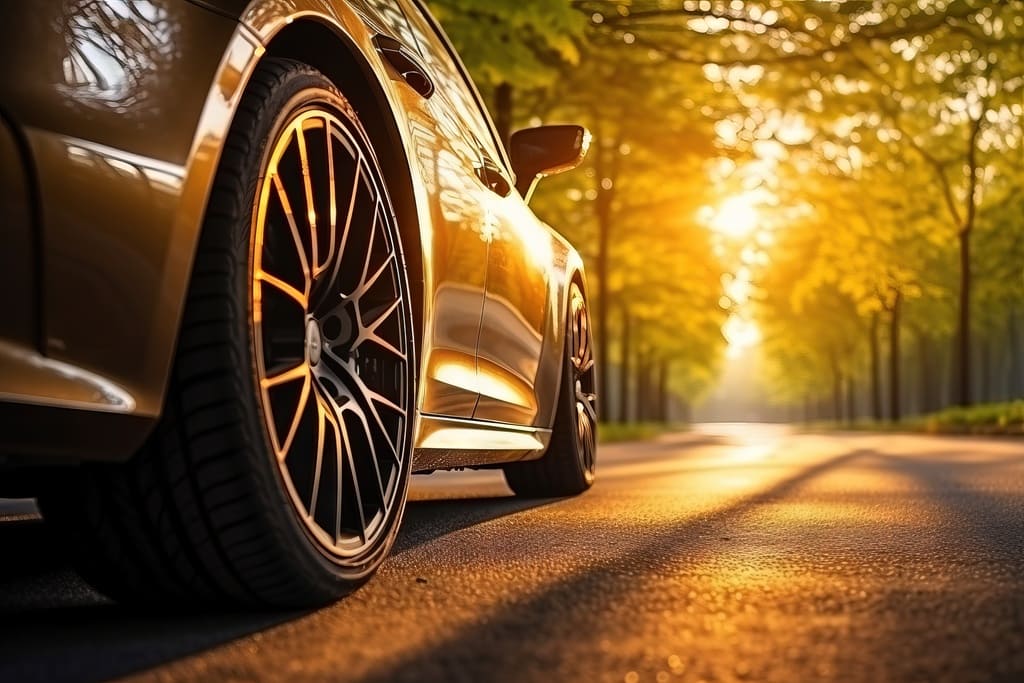 Goldener Sportwagen mit Sommerreifen 195/55 R16 auf sonniger Straße – Testsieger im Fokus (auto motor und sport, promobil)