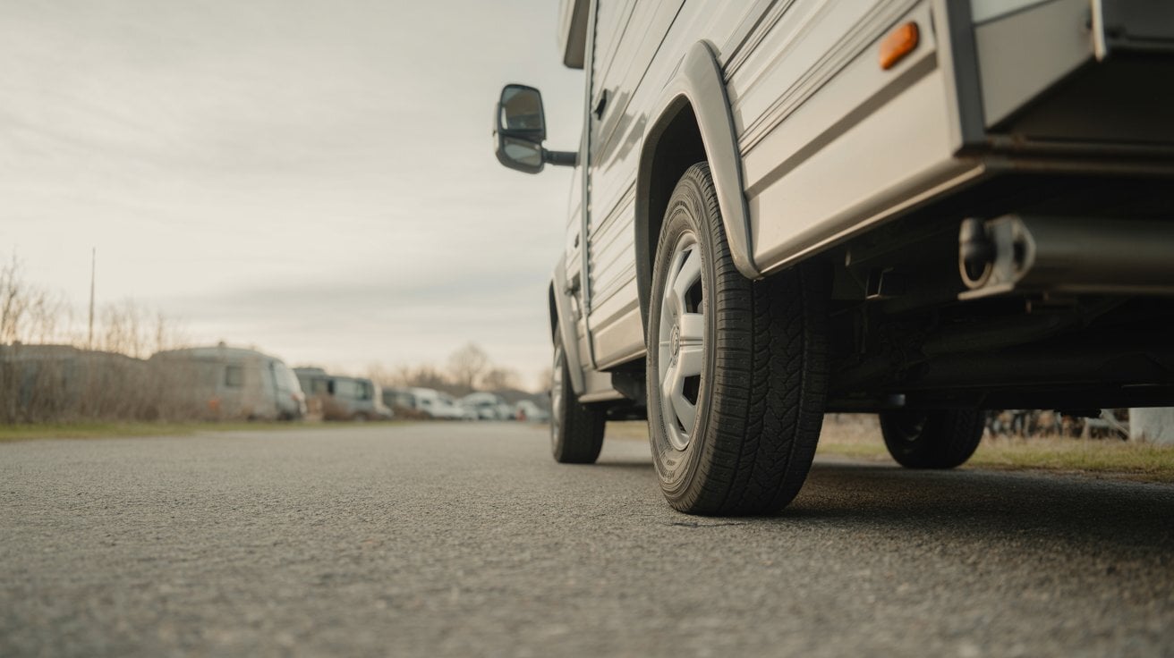 Wohnwagen auf einem Stellplatz mit belasteten Reifen während einer langen Standzeit